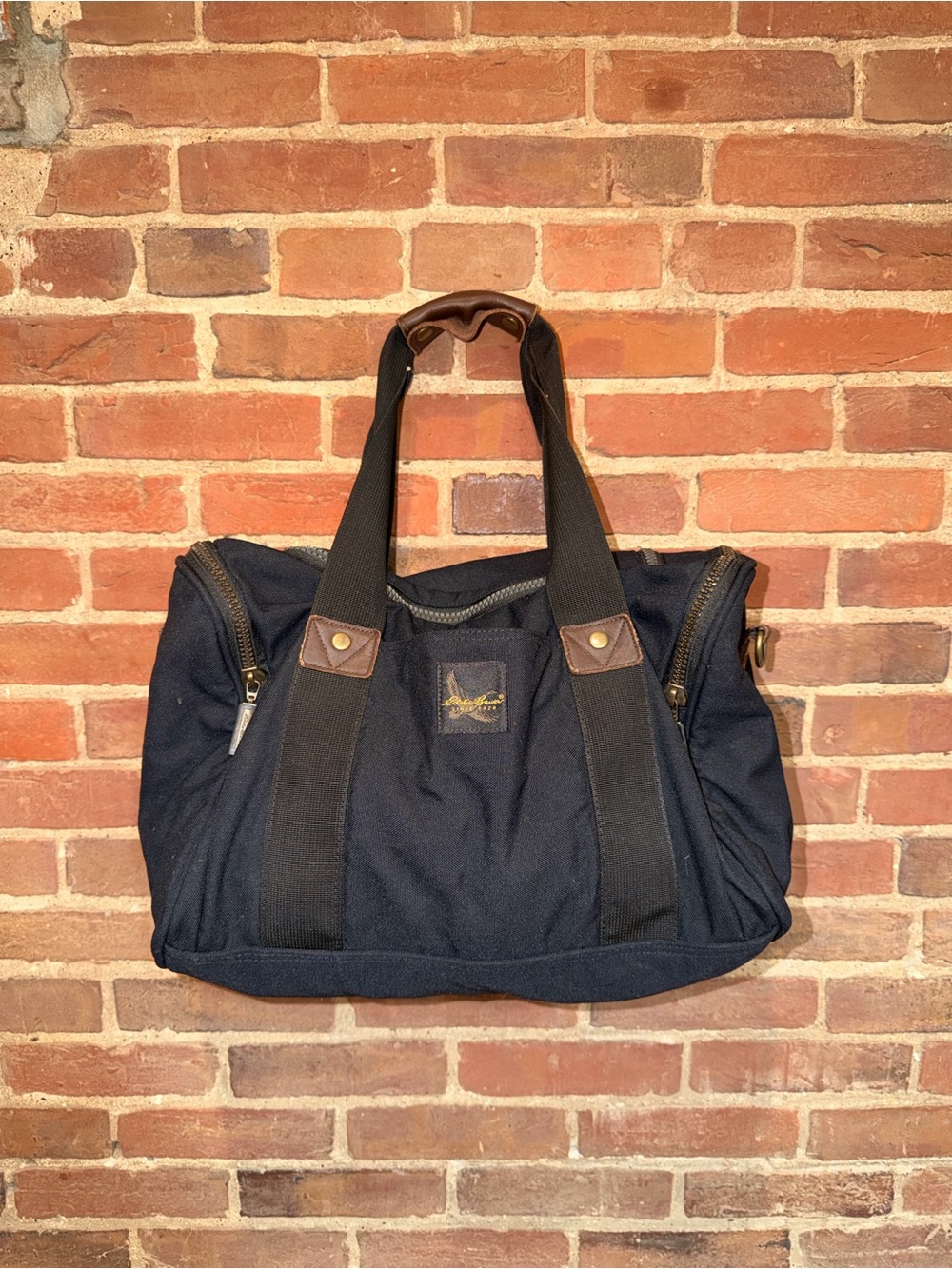 Eddie Bauer Black Navy Canvas Duffel with Brown Leather Accents Zippers